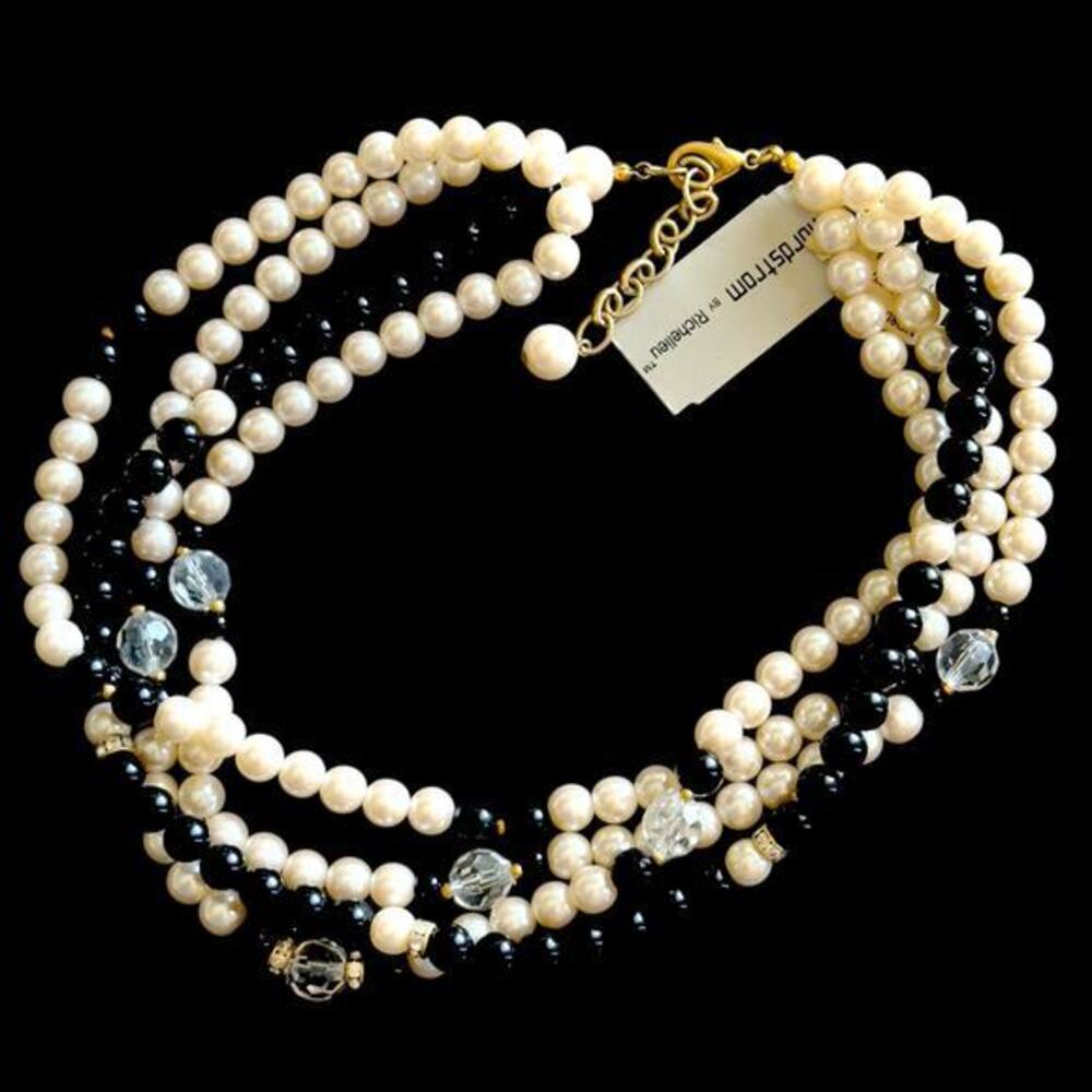 Vintage Richelieu Multi-Strand Necklace Costume Pearls Black Bead Crystal Spacer
